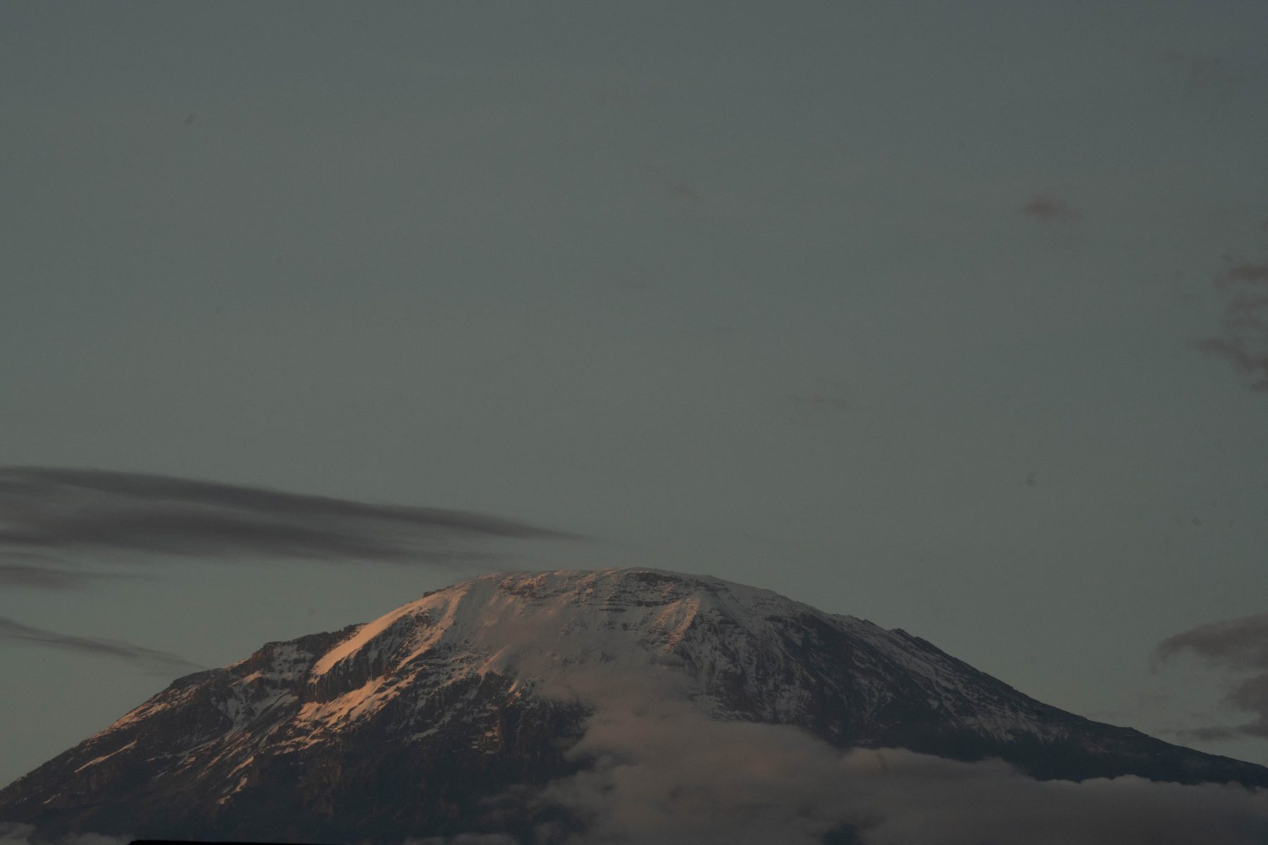 Snow-capped summit of Mount Kilimanjaro catching the last light above the clouds