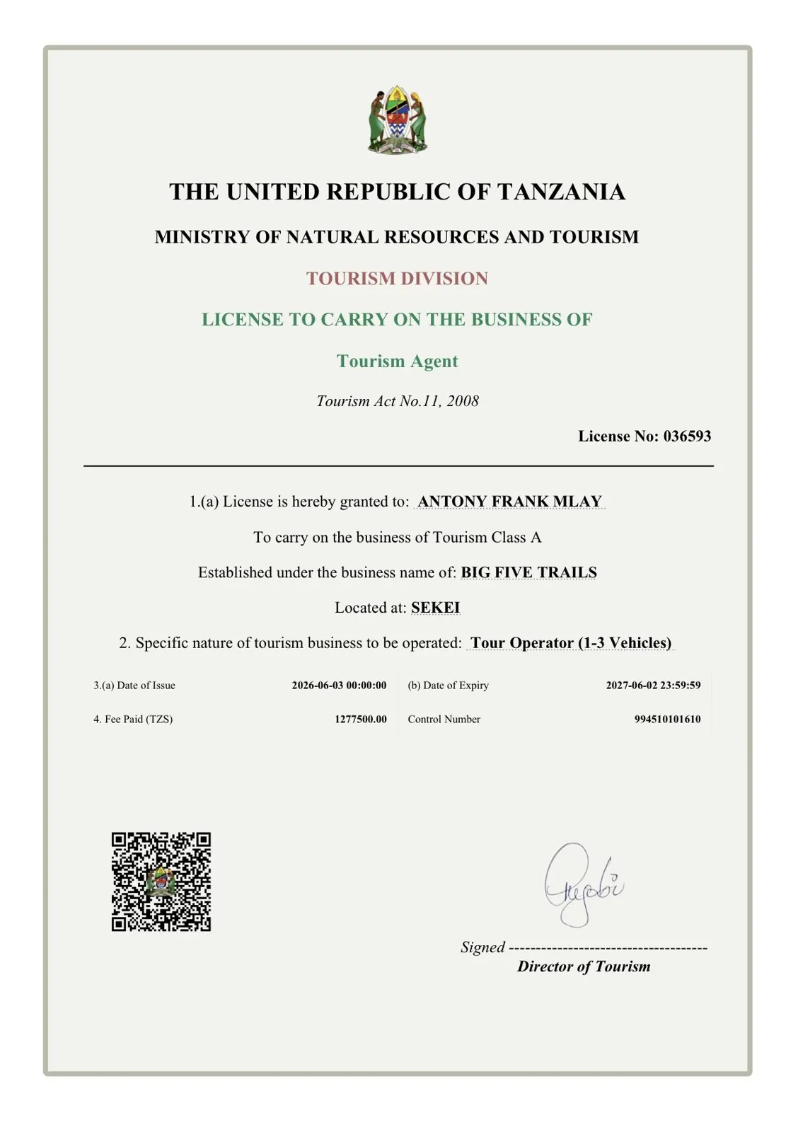 Licencia de operador turístico de BigFiveTrails n.º 036593 emitida por el Ministerio de Recursos Naturales y Turismo de Tanzania
