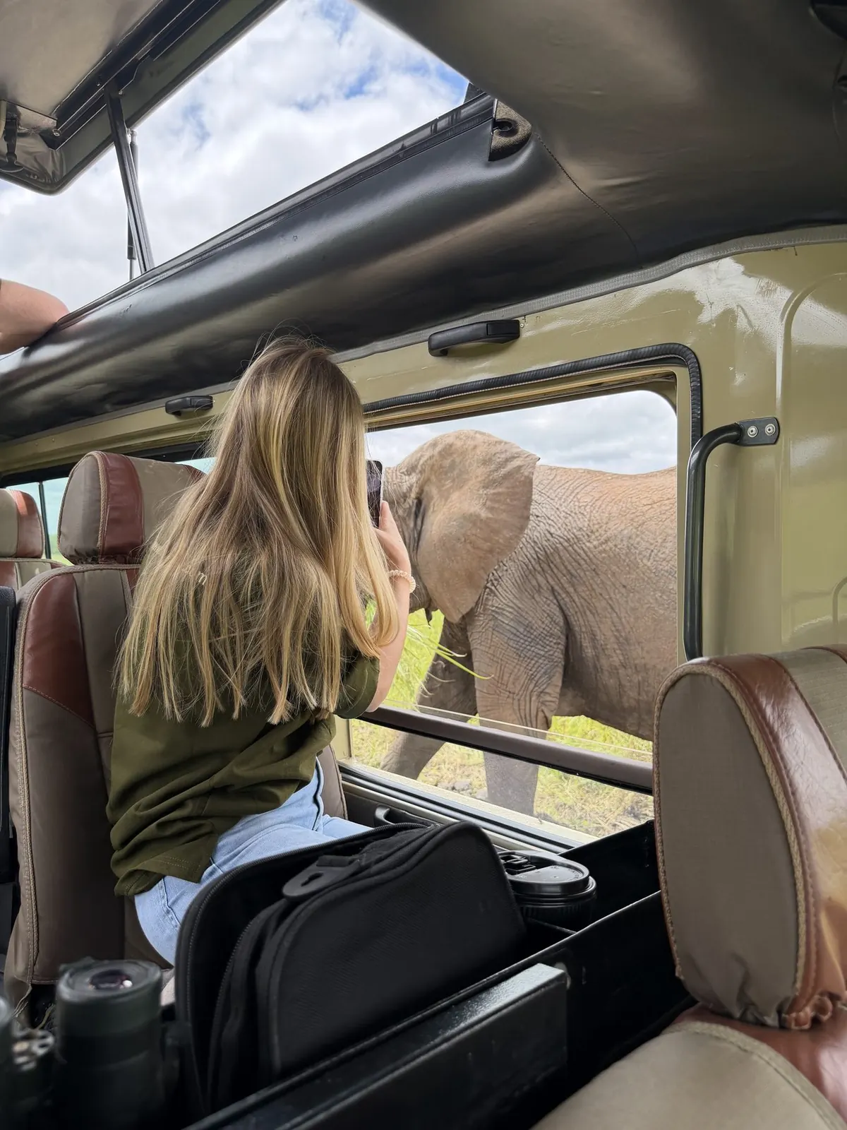 Viajera observando un elefante desde la ventanilla del Land Cruiser